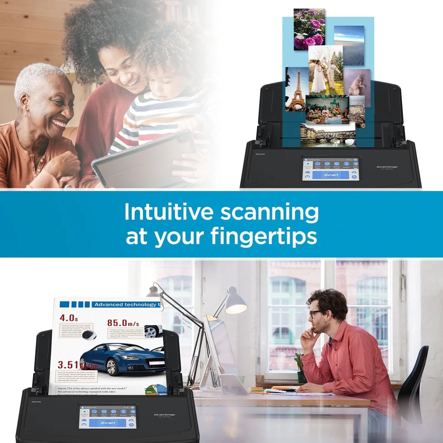 Wireless or USB High-Speed Cloud Enabled Document, Photo & Receipt Scanner with Large Touchscreen and Auto Document