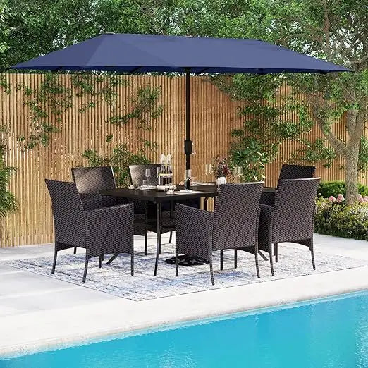 8 Pieces Patio Dining Furniture Set,Large Metal Table and 6 PE Rattan Sofa Dinings Chairs, Outdoor Table and Chairs Dining Sets