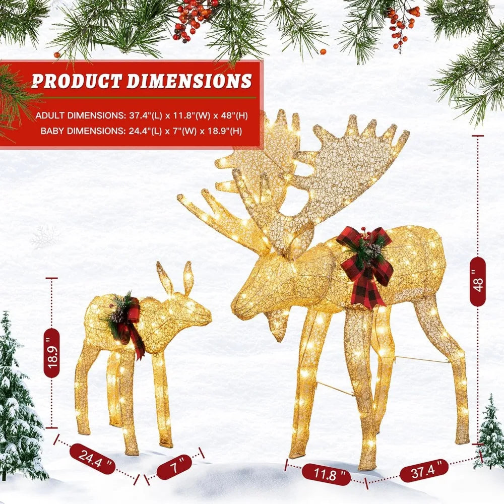 2-Piece 3D Lighted Christmas Reindeer Family, Pre-Lit Gold Christmas Decor Deer with 170 Warm White LED Lights