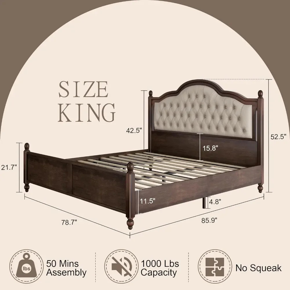 King Size Bed Frame, Transitional Platform Beds with 52.5" Upholstered Tufted Headboard, Wood Slat Support, Solid Wood Bed Frame