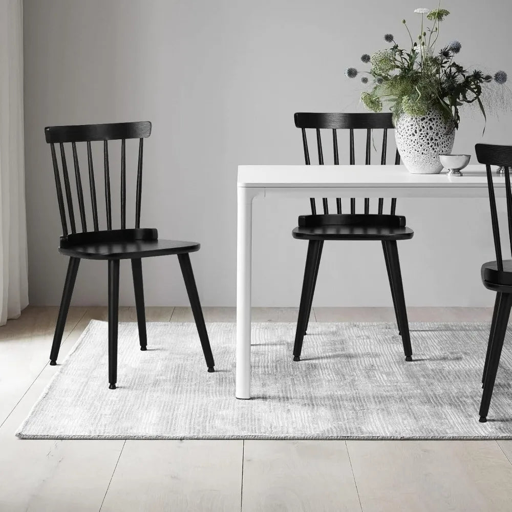 Windsor Dining Chair Set of 6 Farmhouse Solid Wood Spindle Back Side Chair Mid-Century Modern Black Armless Kitchen Chair