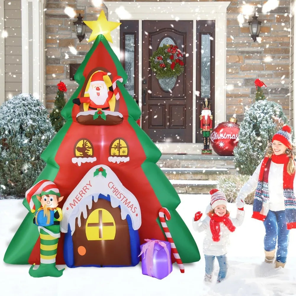 10FT Inflatable Christmas Tree & Santa Claus House Decoration, Christmas Blow up Santa Decoration with Lights for Outdoor Indoor