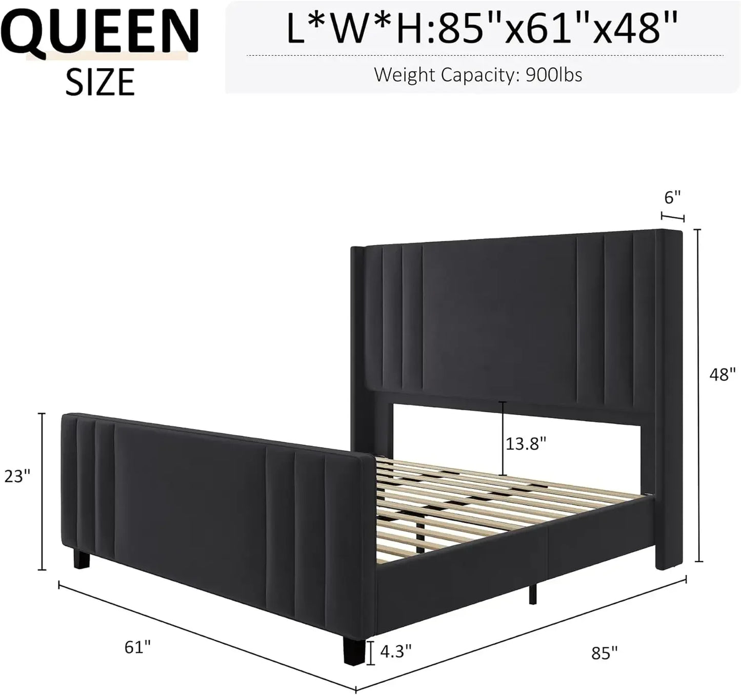 Queen Size Bed Frame, Velvet Upholstered Platform Bed  Headboard & Footboard/Wingback, Mattress Foundation with Wood Slats,Black