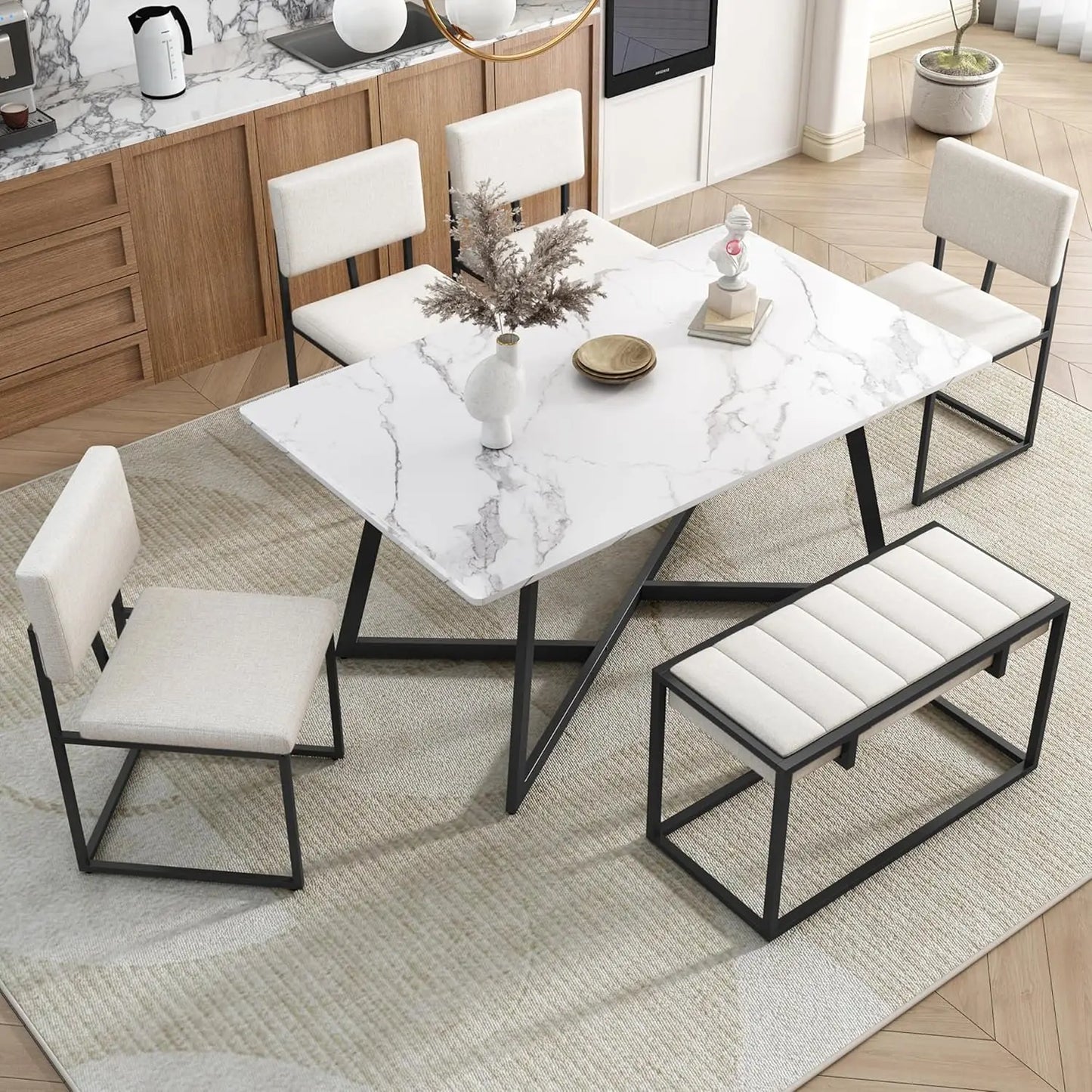 7-Piece Dining Table Set, 76.9inch Extendable Trestle Dining Table with Upholstered Side Chair and Arm Chair, Dining Table Set