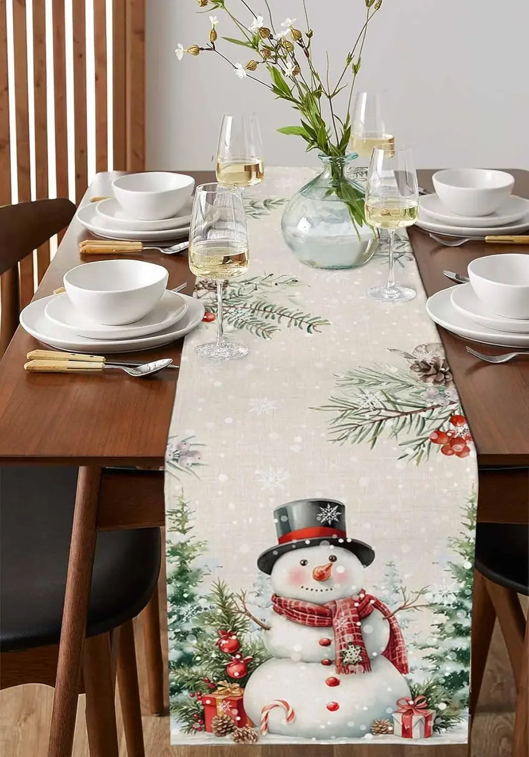 Christmas Snowman Snowflake Botanical Tree Linen Table Runners Dining Room Decor Washable Table Runner Christmas Decoration