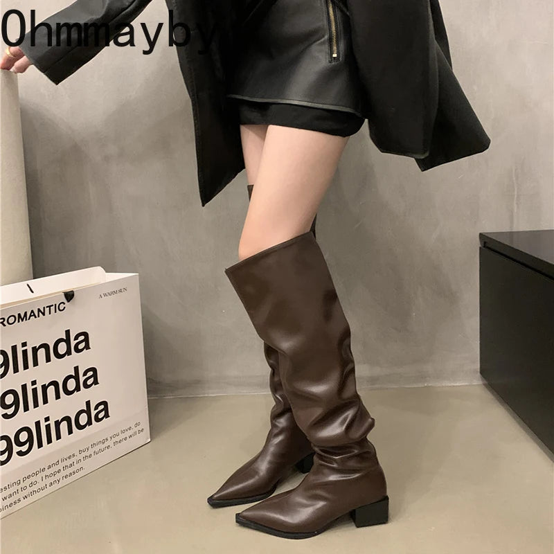 Stretch Soft Leather Women Over the Knee High Boots Fashion Pointed Toe Shoes Autumn Winter Thick Heel Ladies Long Booties