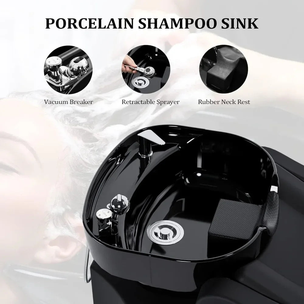 Shampoo Backwash Unit with Large Porcelain Bowl, Salon Sink Hair Wash Chair Shampoo Station, Barbershop Hairdressing Equipment