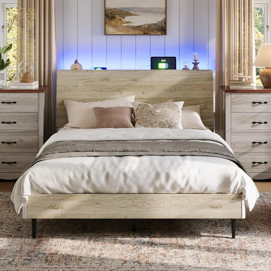 Wood Bed Frame with Ergonomic Headboard, RGB Lights, Outlets & Charger, Storage Shelf, Noise-Free, No Box Spring Needed