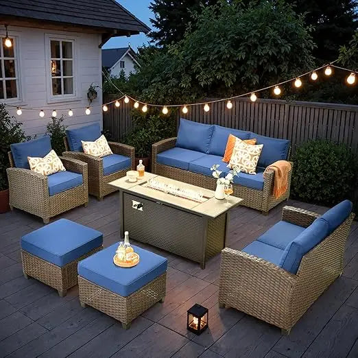 Wicker Patio Furniture Sets ,w/Fire Pit Table, All Weather Outdoor Furniture Conversation Set, 7-Piece Patio Sectional Sofa