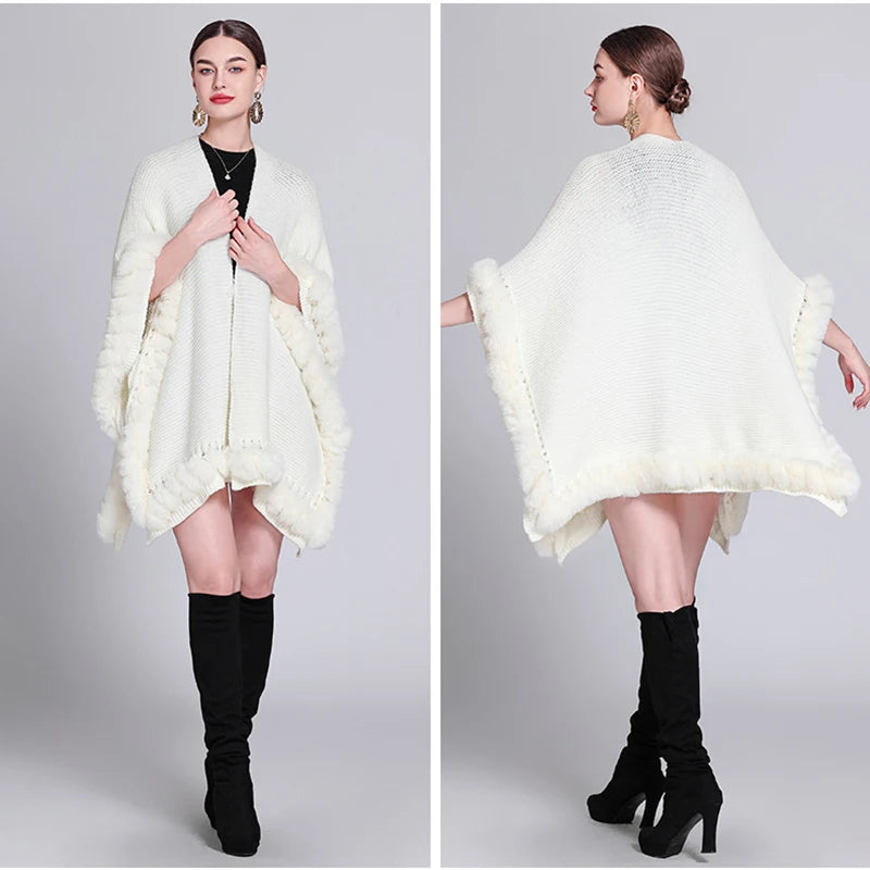 Novelty Fashion Knit Faux Fur Trim Shawl Long Cape Coat Autumn Winter Women Elegant Forked Cloak Wraps Big 2023 New