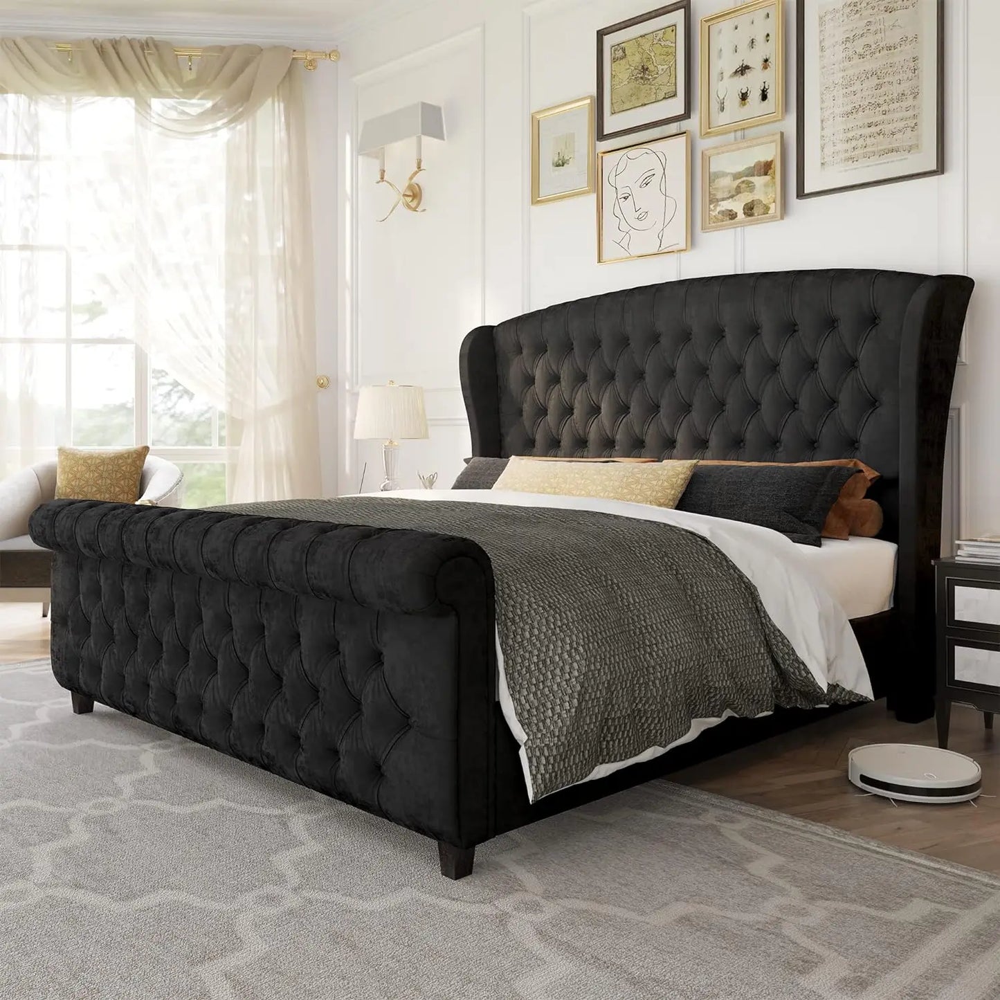 Queen Size Platform Bed Frame, Chenille Upholstered Sleigh Beds with Scroll Wingback Headboard & Footboard Bed Frame