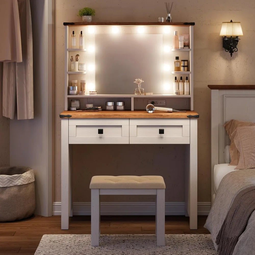 Vanity Desk with Mirror and Lights 31.5" W Farmhouse Makeup Vanity Desk with Charging Station, Stool Not Included, Vanity Table