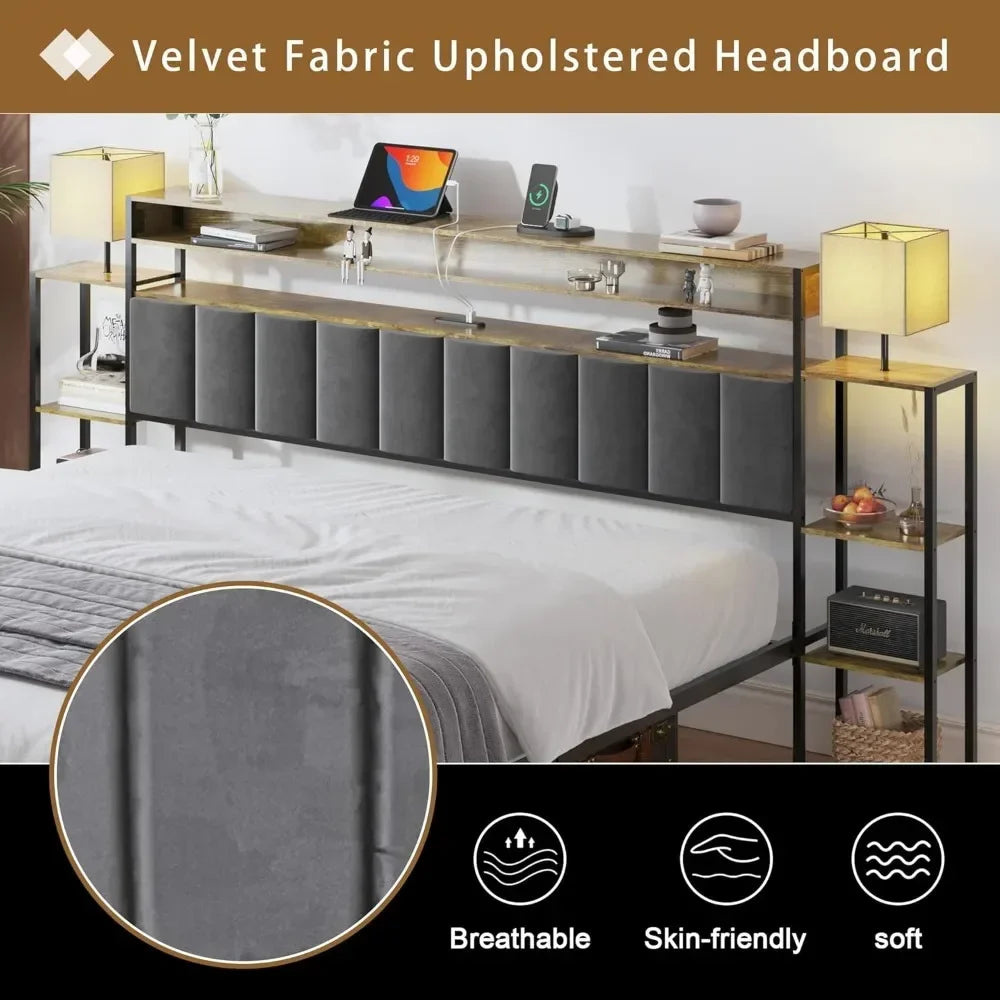 Bed Frame with Storage Bookcase Shelves,No Box Spring Needed Velvet Upholstered Platform Bed with LED Lights and 2 USB Ports