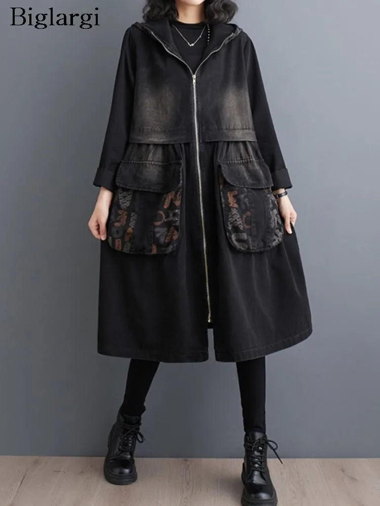 Denim Spring Hooded Trench Coat Women Floral Print Modis Casual Loose Pleated Ladies Jackets Long Sleeve Woman Midi Trench Coats