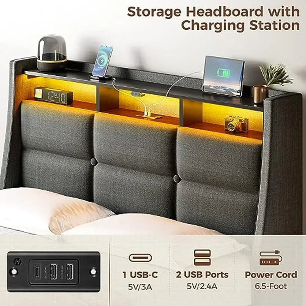 Twin Size Bed Frame with LED Lights USB Charging Station Sliding Drawers Grey Linen Storage Shelf