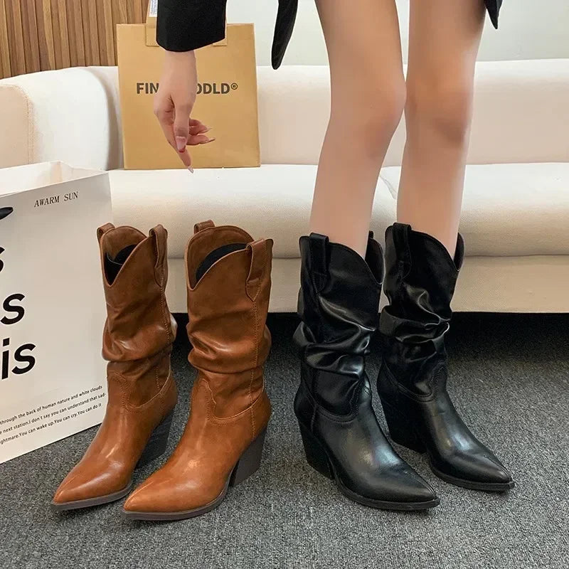 High Heels Mid Calf Pleated Boots for Women Autumn Winter Brown Pu Leather Western Boots Woman Thick Heeled Cowgirl Botas Mujer