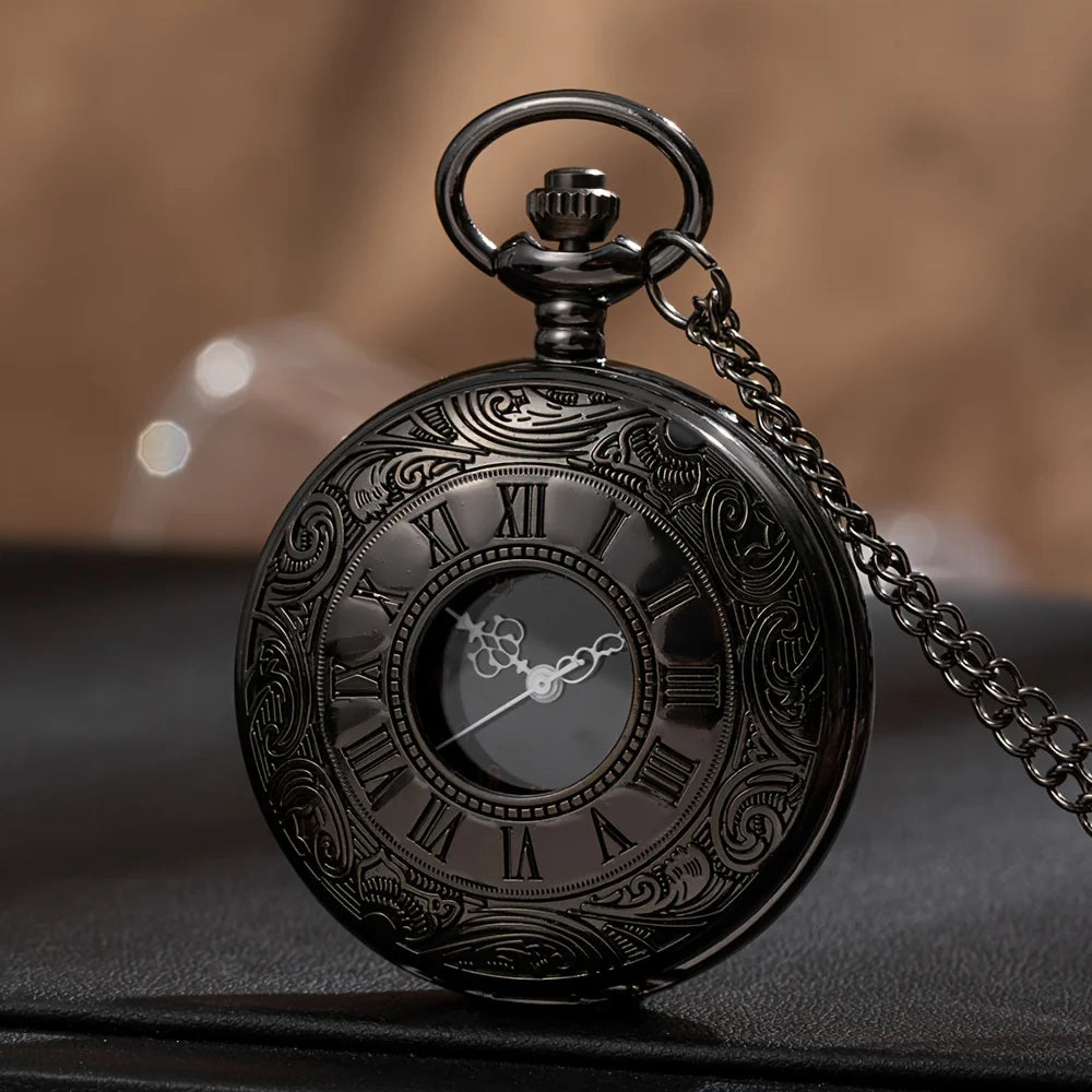 Black Bronze Roman Scale Display Pocket Watch Quartz Relogio  Vintage Exquisite Pocketwatch With Necklace Chain Gift Clock