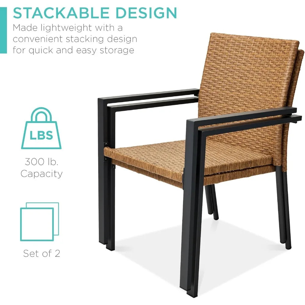 Set of 2 Stackable Outdoor Wicker Dining Chairs All-Weather Firepit Armchair w/Armrests, Steel Frame for Patio, Deck, Garden