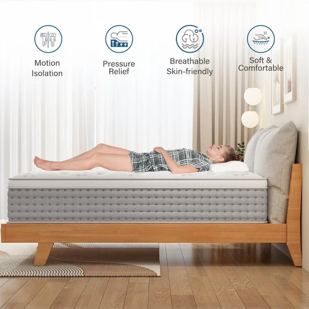 King Mattress with Gel Memory Foam, Pressure Relief Individual Wrapped Coils Mattresses, 14 Inch Luxury Hybrid Mattress