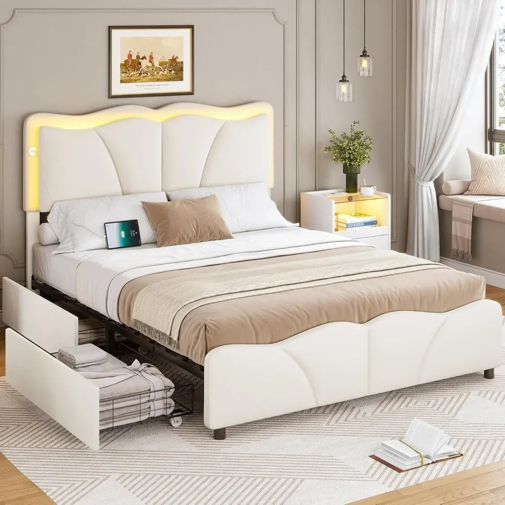 Queen Bed Frame with 4 Storage Drawers and LED Lights, Velvet Upholstered Platform Bed Frame with Height Adjustable Headboard