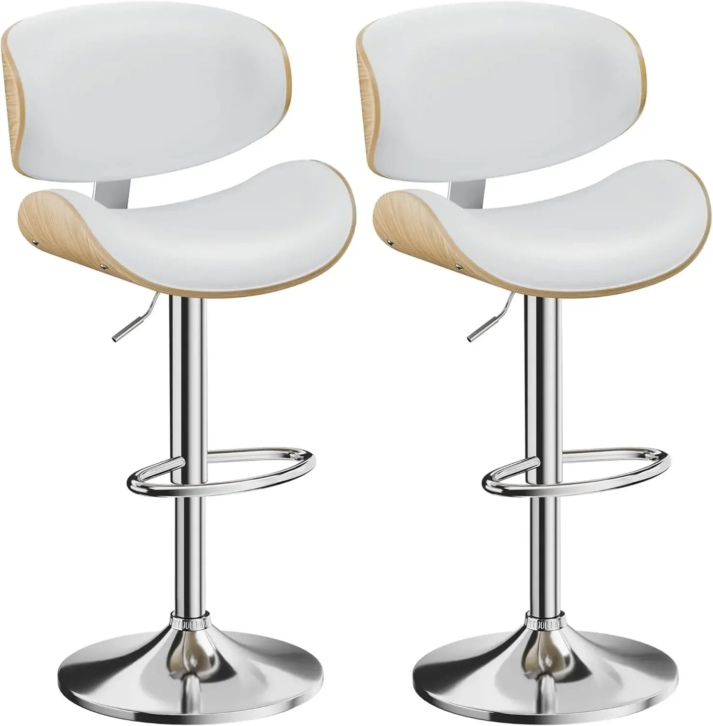 Swivel Bar Stools Set of 2, Adjustable Bentwood Barstools, Modern PU Leather Upholstered Bar Chair with Back and Footrest