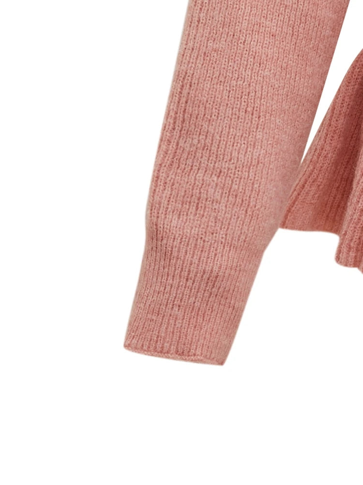 ONELINK Pink Autumn Winter Plus Size Women Woolen Pullover Sweater V Neck Cross Wrap Ruffle Hem Belt Waist Oversize Clothing