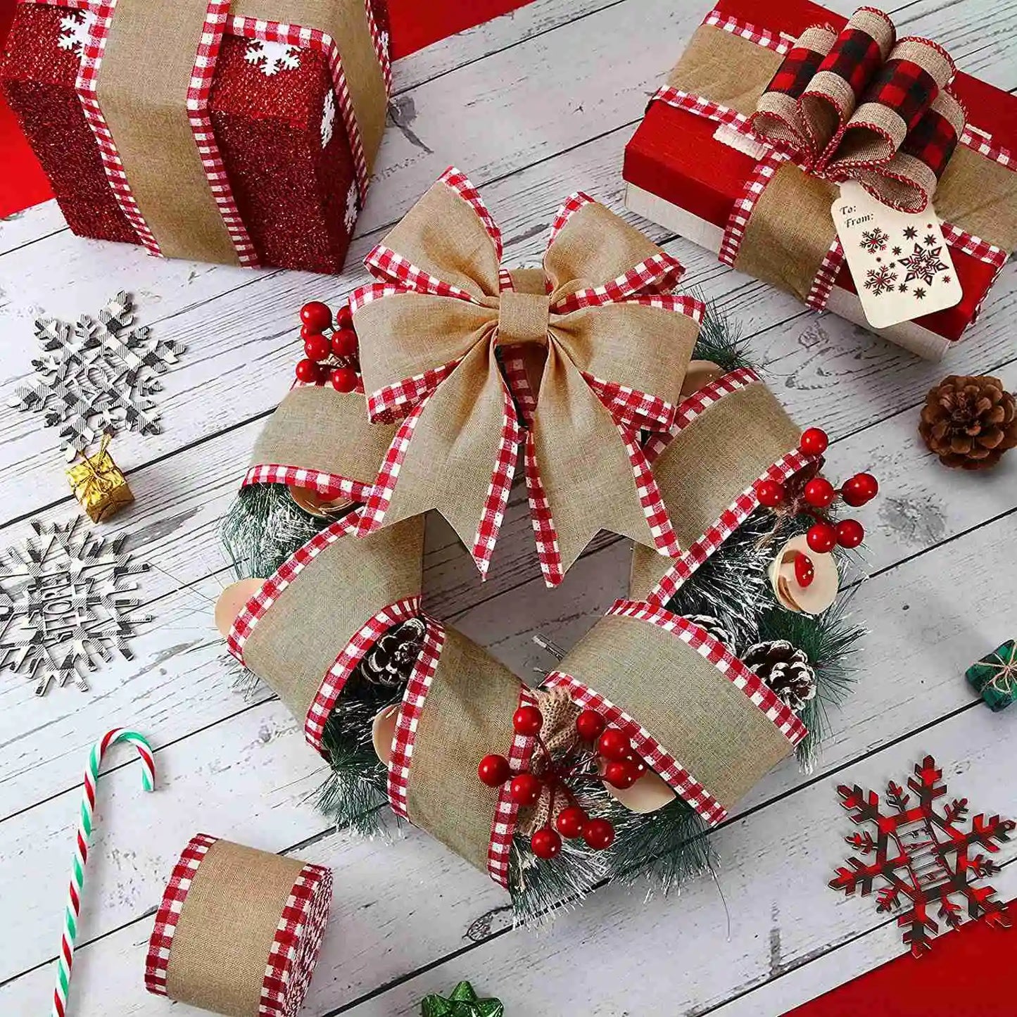 2 Rolls Buffalo Plaid Wired Edge Ribbons Christmas Imitate Burlap Fabric Craft Wrapping Ribbon Rolls with Checkered Edge