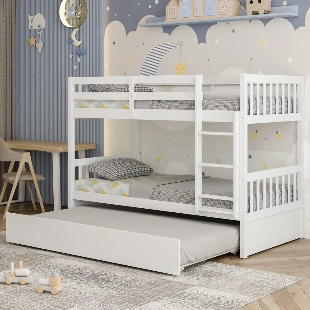 Twin Over Twin Bunk Bed with Trundle, Convertible Platform Bed Frame with Ladder & Solid Wood Frame, Space-Saving Bunk Bed