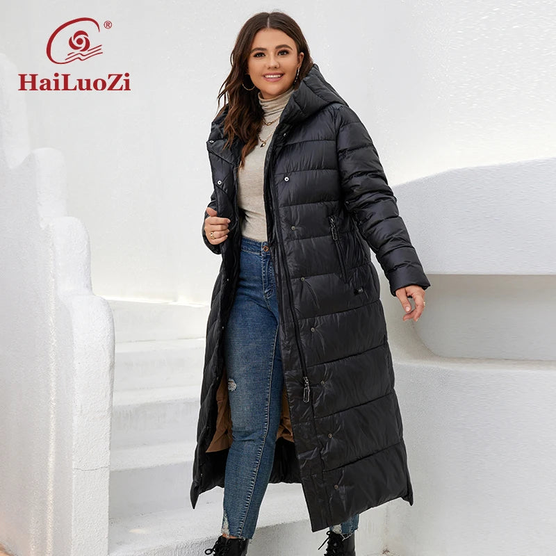 HaiLuoZi 2022 New Winter Women's Jackets Plus Size Mid-length Thick Hood Warm Zipper Belt Classic Casual Women Coat Parkas 6037