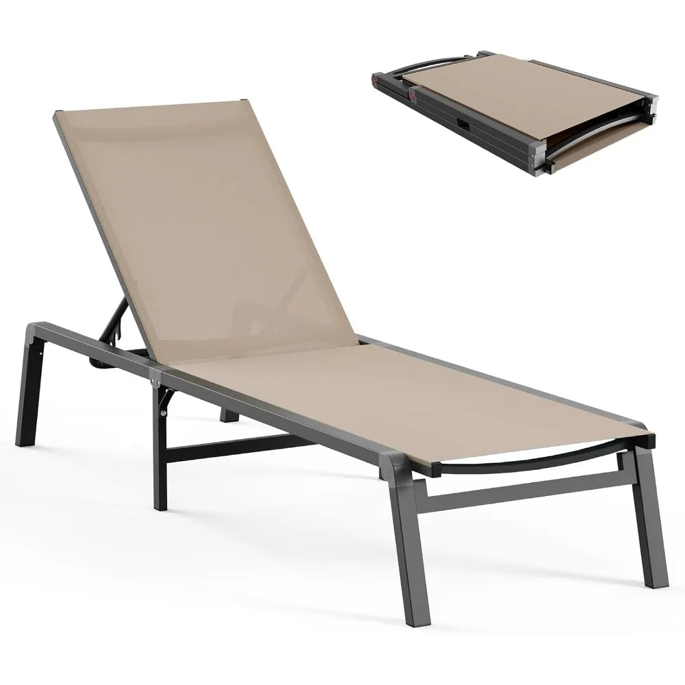 Aluminum Chaise Lounge Ourdoor - Foldable & Assemble Free Outdoor Lounge Chair with 5 Adjustable Backrest, Patio Lounge Chair