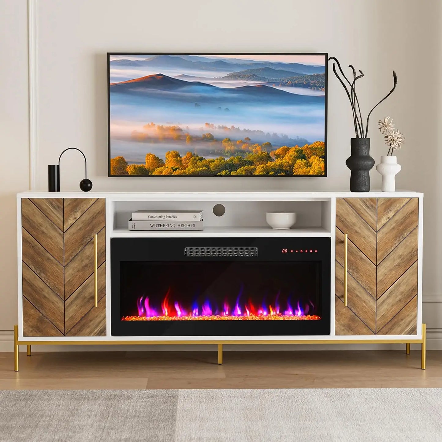 Wood TV Stand with 36" Electric Fireplace, Entertainment Center with Storage Cabinet, Console Table for TVs up to 75 Inches