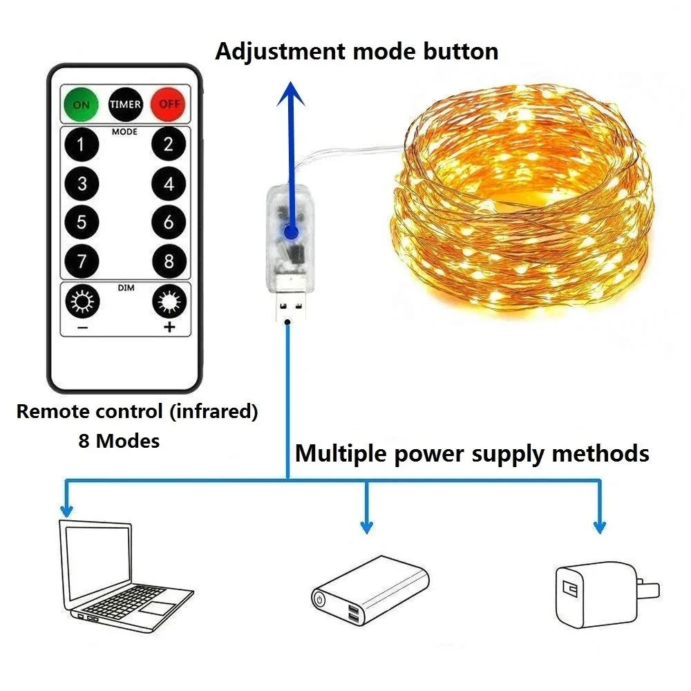 USB Led String Light 5M/10M/20M/30M 8Mode Remote Control Lights Fairy garlands Wedding Christmas Holiday Decor lamps New Year