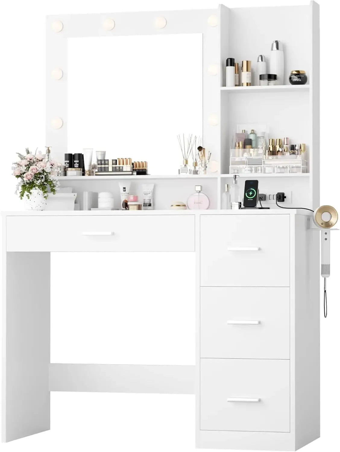 Vanity Desk with LED Lighted Mirror&Power Outlet, 39.3’’ Makeup Vanity Table with 4 Drawers and 3 Storage Shelves, Adjustable