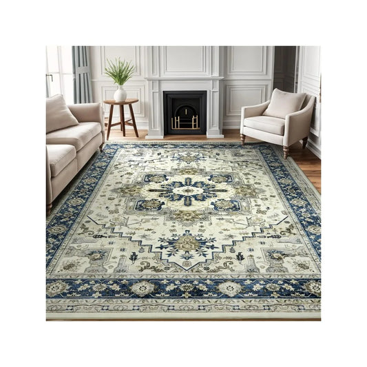 Large Area Rug for Living Room 9x12 - Machine Washable Soft Vintage Rug Oriental Area Carpet Thin Farmhouse Rugs Non Slip Rug