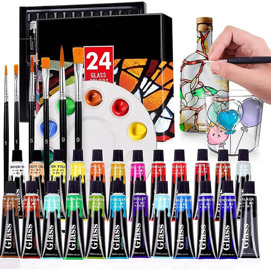 12 24 Colors Stain Glass Paint Set with 6 Nylon Brushes, 1 Palette, Waterproof Acrylic Enamel Painting Kit for Art Supplies