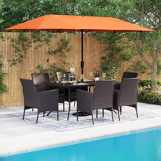 8 Pieces Patio Dining Furniture Set,Large Metal Table and 6 PE Rattan Sofa Dinings Chairs, Outdoor Table and Chairs Dining Sets