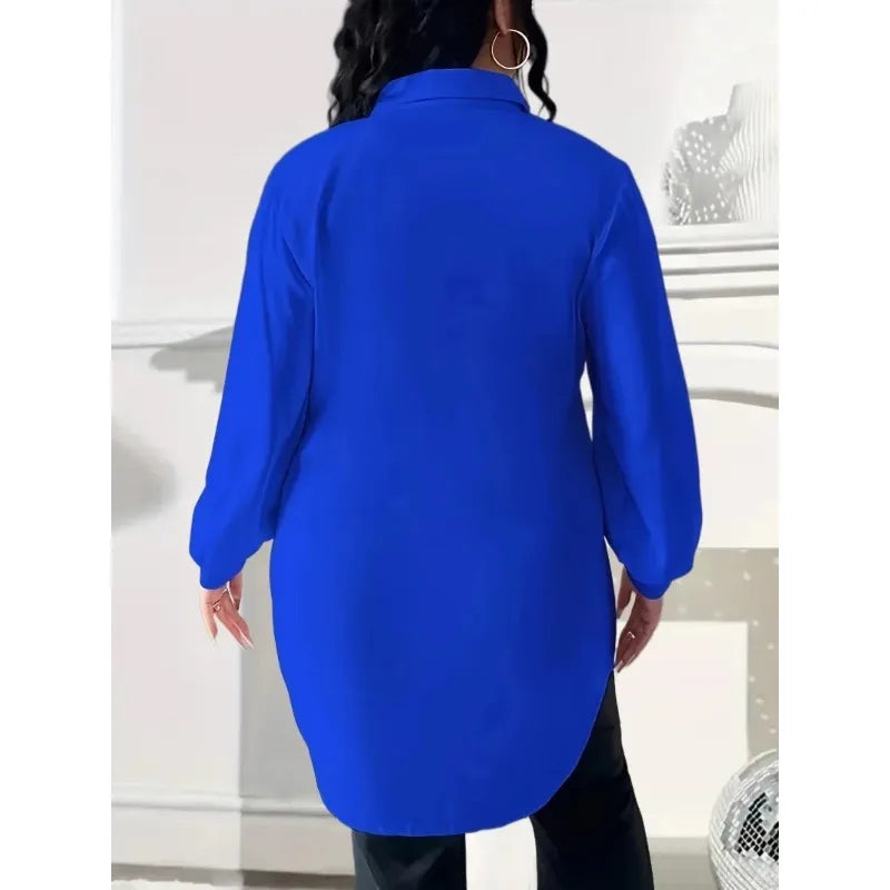 Women's Fashion Plus size Solid Color Button Top Ladies Long Sleeved Casual Top Lapel Shirt