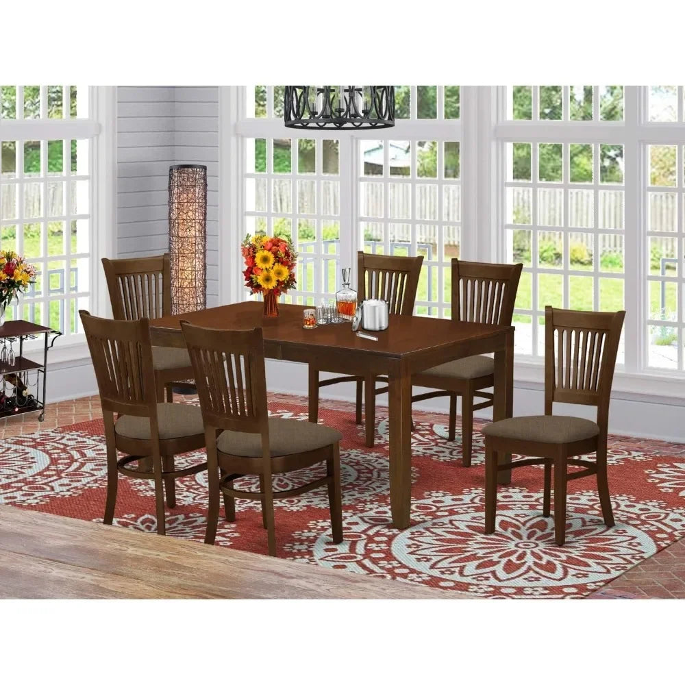 7 Piece Kitchen Table Set of a Rectangle Dining Table with Butterfly Leaf and 6 Linen Fabric Dining Room Chairs, 36x66 Inch