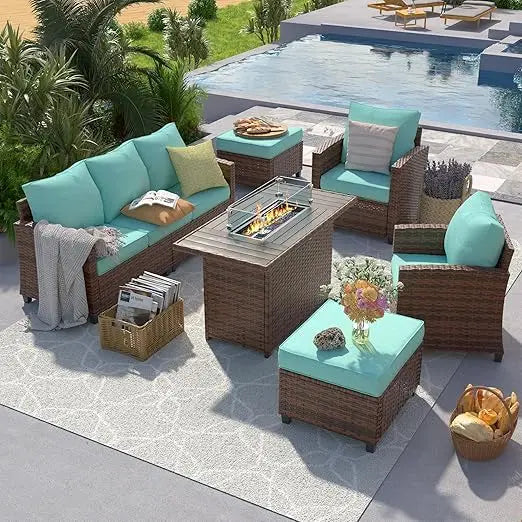 Outdoor Furniture Sets, with Fire Pit Table, 6 Pieces Outdoor All-Weather Wicker Rattan Sofa Ottoman,  Garden Furniture Sets