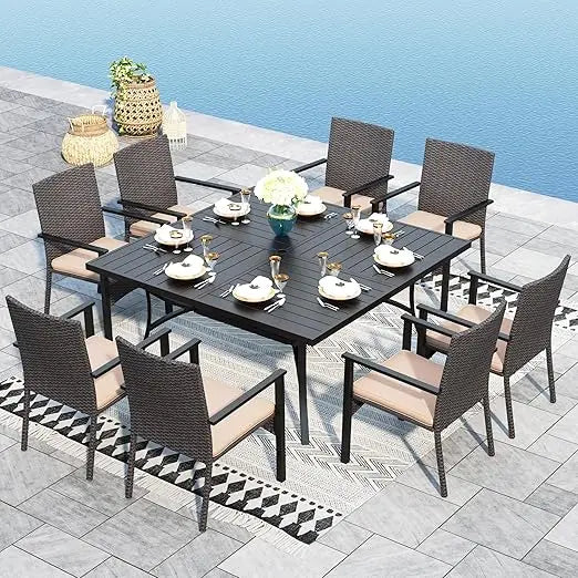 9 Pieces Patio Dining , 60" Large Square Patio Table and Rattan Chairs Set,able Set for Outside, All Weather Outdoor Dining Set