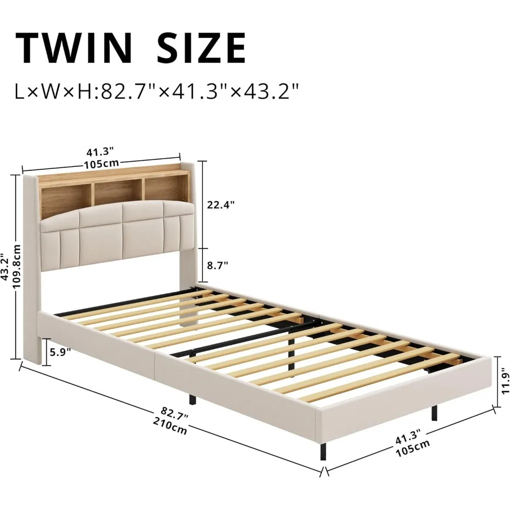 Floating Bed Frame, Tall Bookcase Headboard with Charging Station, Solid Wood Slats Support, No Box Spring Needed, Bed Bases