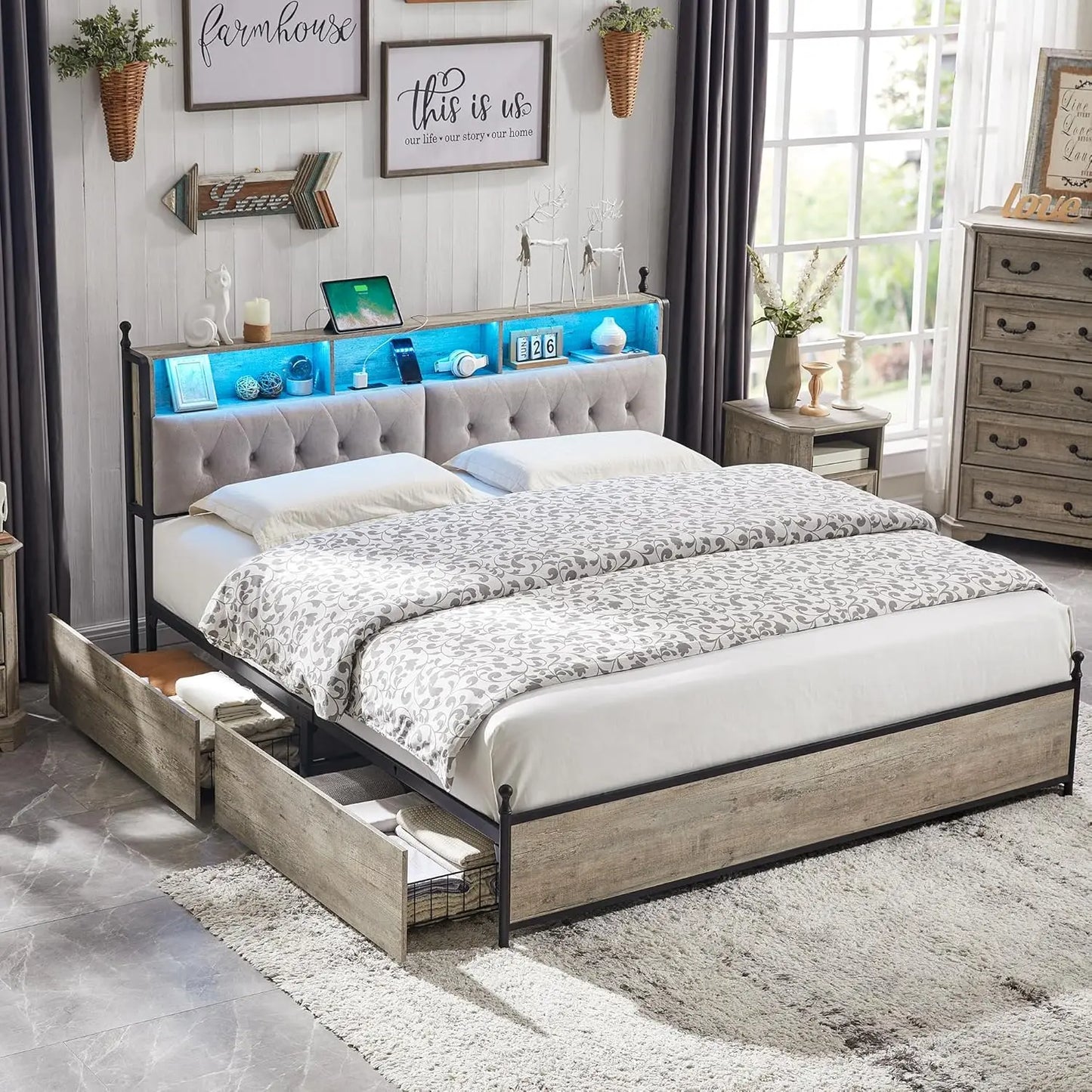 King Bed Frame with Storage Upholstered Headboard and 4 Drawers, Farmhouse Metal Platform Bed w/LED Lights & Charging Station