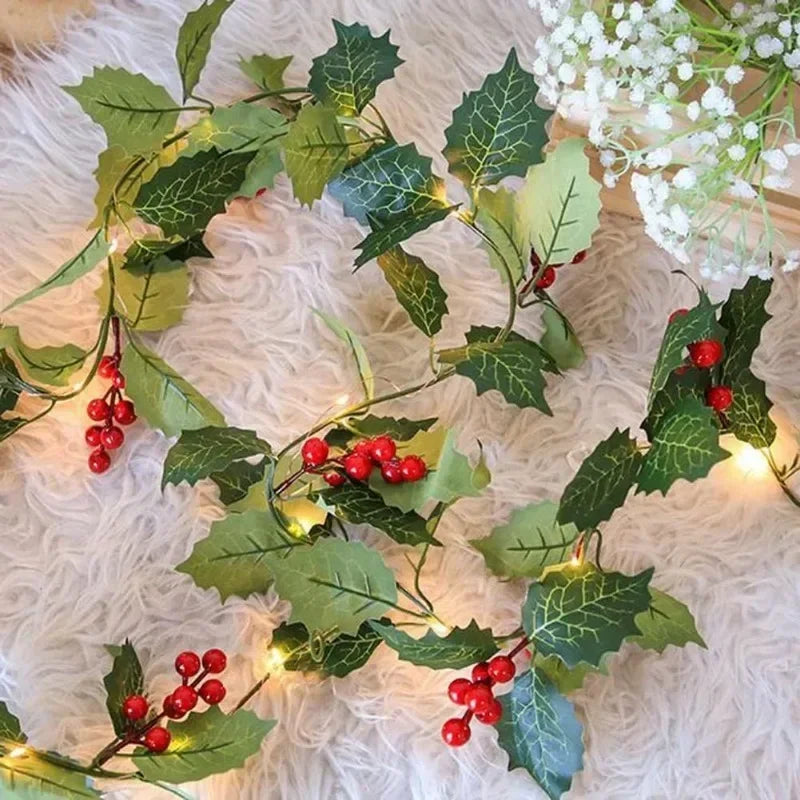 Christmas Holly Berry Vines Artificial Green Leaves Hanging Fake Plants Garlands with Light Strings Home Party Xmas Decoration