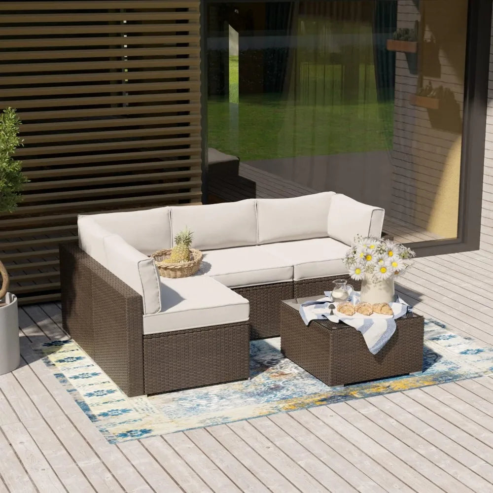 5-Piece Outdoor Wicker Sofa, in Off White Cushions, Wicker Patio Furniture Set W Glasstop Table, Garden Furniture Sets