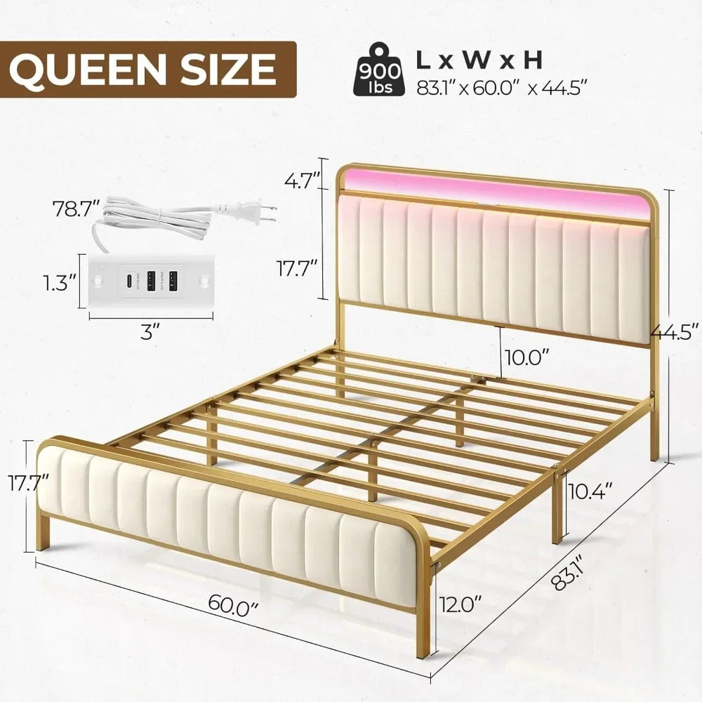 Queen Size Bed Frame with LED Light and Charging Station, Upholstered Headboard and Footboard, Metal Slat, Noise Free Bed