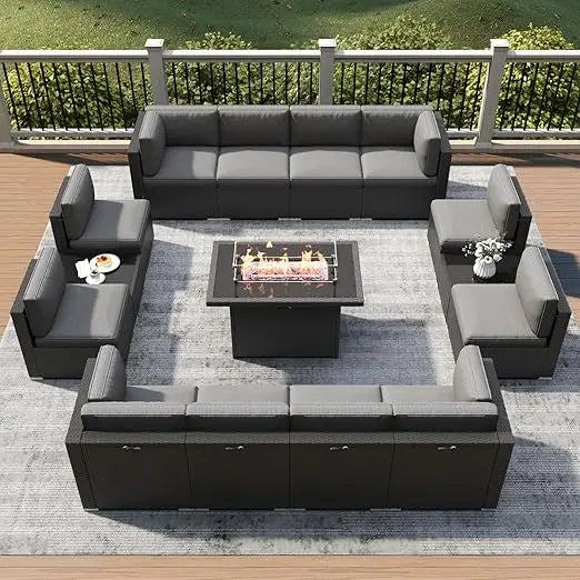 Outdoor Rattan Sofa, Fire Pit Table, Outdoor Conversation Sets Wicker  Sectional Sofa ,Coffee Table,15 Piece Patio Furniture Set