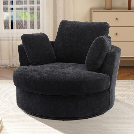 42.2" W Oversized Swivel Accent Chairs, 360 Degree Modern Living Room Swivel Chair, Chenille, Black,Living Room Chairs