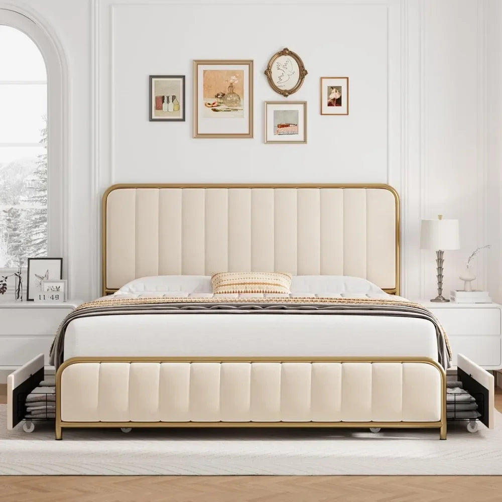 Bedstead Upholstered Queen Size Bed Frame with 4 Storage Drawers and Headboard,Heavy Duty Metal  with Wooden Slats bedstead