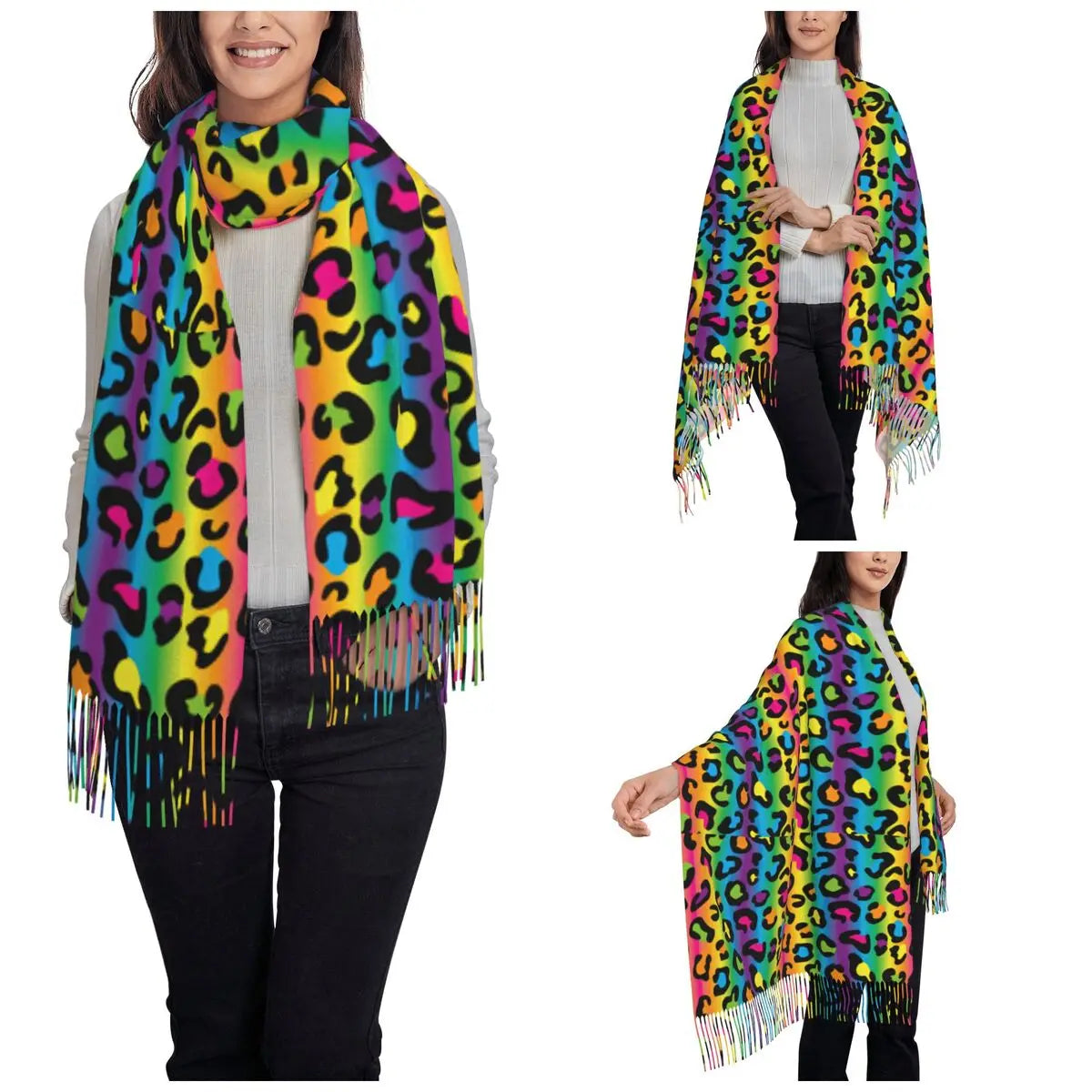 Womens Tassel Scarf Rainbow Leopard Long Soft Warm Shawl and Wrap Lgbt Pride Gifts Cashmere Scarf