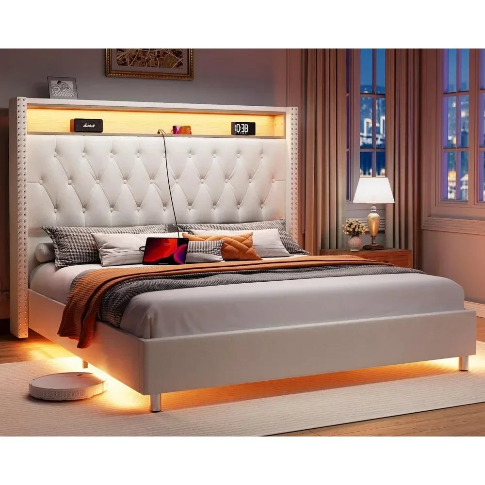 Queen Bed Frame with LED Lights Charging Station with Headboard Motion Night Lights, Velvet Tall Upholstered Platform Bed Frame